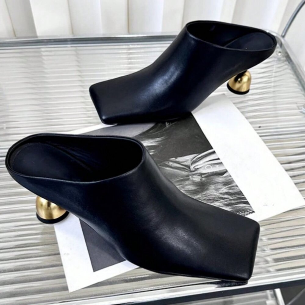 Women's Gold metal Heel Square Toe Slip-On High Heels Mules Shoes Black